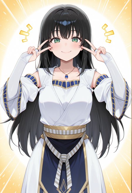emotional engine - full drive, double v, clossed eyes, smile, 1girl, solo, black hair, long hair, pendant, green eyes, white dress, long sleeves, wide sleeves, detached sleeves, bare shoulders, bridal gauntlets, <lora:viki_illus:1>, masterpiece, best quality, amazing quality, very aesthetic, absurdres, highres, newest