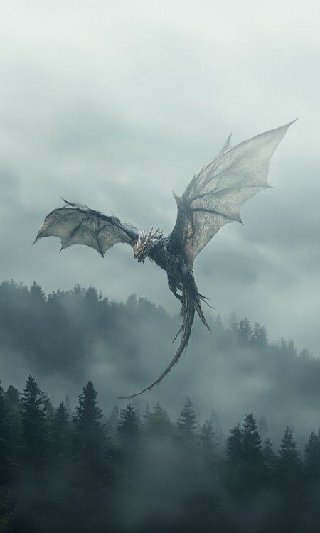 highly detailed digital artwork depicting a majestic dragon in mid-flight against a misty, foggy backdrop. The dragon is the central focus, positioned slightly off-center to the left. Its scales are textured with intricate, almost metallic patterns, giving it a sleek and armored appearance. The dragon's wings are expansive, with a membrane that is taut and slightly translucent, revealing a network of veins underneath. The wings are spread wide, allowing for a sense of dynamic movement and power. The dragon's body is lean and muscular, with a long, sinuous tail that trails behind it. Its head is adorned with sharp, curved horns that taper towards the top, adding to its fierce and regal demeanor. The dragon's eyes are piercing, with a slight glow that hints at intelligence and awareness. The background consists of a dense forest of tall, dark green coniferous trees, shrouded in a thick layer of mist and fog that creates a mysterious and ethereal atmosphere. The sky above is overcast, with a gradient of soft gray and white hues, adding to the somber and otherworldly ambiance of the scene. The overall style of the artwork is realistic fantasy, characterized by its attention to detail and the lifelike representation of the dragon and its environment, aidmaimageupgrader, aidmamj6.1,