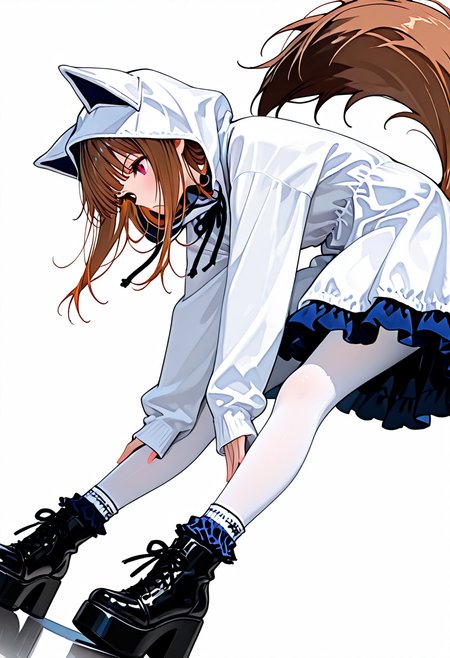 masterpiece, ultra-HD, very aesthetic, 8K, high detail, depth of field, score_9, score_8_up, 
BREAK
BREAK
1girl, solo, holo, wolf and spice, dynamic pose, Hair in hood, 
BREAK
bustle skirt, white dress, sleeves past wrists, white Hood, white pantyhose, dark blue frilly socks, oversize high platform shoes, 
BREAK
<lora:Cat_hood_One-piece_setã­ãã¿ã¿ãã¼ãã¯ã³ã:1>,