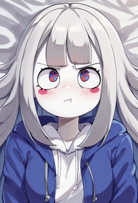 masterpiece, best quality, high resolution, absurdres, solo, 1girl, pomni_(the_amazing_digital_circus), two-tone_eyes, hot gray_hair, medium_hair, white_skin, blush_sticker, hot gray_lab_, coat, hot gray_eyes, school, grumpy, looking_at_viewer, lying, female_focus, upper body, portrait, chibi:1.9