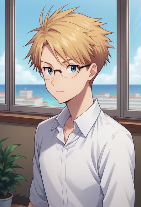 score_9, score_8_up, score_7_up, source_anime, highly detailed, 
yamakizu, 1boy, male focus, solo, blonde hair, upper body, short hair, blue eyes, shirt, white shirt, collared shirt, glasses,
indoor, window,