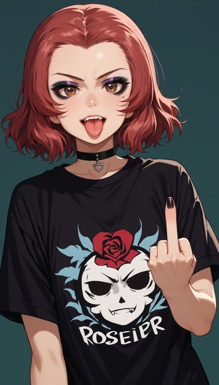 score_9, score_8_up, score_7_up, source_anime, cowboy shot, black shirt, t-shirt, black choker, goth, eyeliner, eyeshadow double middle finger, tongue out,
 rosehip (girls und panzer), red hair, brown eyes, short hair,  <lora:rosehip_girls_und_panzer:1>