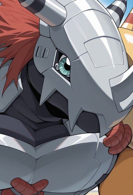 masterpiece,best quality,amazing quality, 1boy, solo, w4rgr3ym0n, digimon (creature), orange skin, green eyes, red hair, helmet, black mask, chest armor, shoulder armor, shoulder spikes, close up, side angle, looking at viewer,