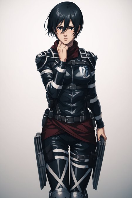 score_9, score_8_up, score_7_up, score_6_up, BREAK source_anime, <lora:adult mikasa ackerman-PonyXL-lora-faxtron:0.8> adult mikasa ackerman, black eyes, black hair, short hair, medium breasts, military uniform, armor, belt, thigh strap,
