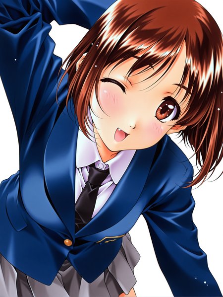 masterpiece,best quality,newest,
1girl,solo,
<lora:yamamoto_rurika_ilxl_v1.0>,y_ruruka,short hair,brown hair,brown eyes,r_clothes,blue jacket,long_sleeves,grey mini skirt,
<lora:Fixhands_anime_bdsqlsz_V1:1>,white_background,simple_background,looking_at_viewer,light_blush,upper_body,one eye closed,open mouth,:d,front view,