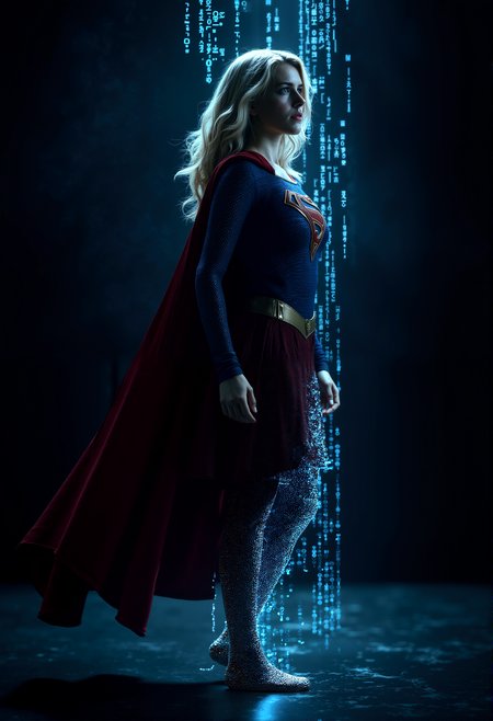 Photorealistic image of supergirl,  standing confidently in a dark, digital environment, her figure partially dissolving into cascading binary code that flows from her legs, blending her physical form with the cybernetic world around her.

cinematic lighting, extremely intricate detail character, accurate depiction of character, correct body anatomy, correct hands and fingers, extremely intricate skin and facial texture detail, design,lifelike potrayal, extrememly realistic lighting, extreme dynamic pose, sfw, fully clothes, sharp background detail, wide shot










