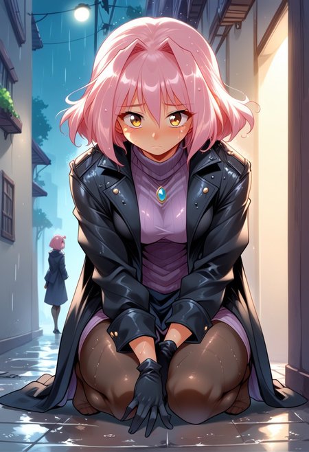 score_9, score_8_up, score_7_up, source_cartoon, solo, robot woman, black coat, purple turtleneck, black pantyhose, black gloves, (caught in the rain, on her knees, sad, wet:1.3), (indirect lighting, dynamic lighting:1.4), back alleyway, at night, (detailed image, high resolution, 5k resolution:1.0), (las lindas style), (anime Art Style:1.2)