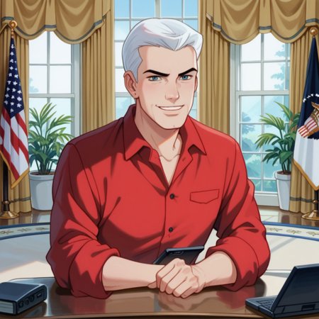 score_8, score_8_up, score_7_up, source_anime, anime screenshot,  1boy, male focus, solo, RaceBannon,  blue eyes, short hair, white hair, evil smile, smug, red shirt, sleeves rolled up, looking at viewer,  sitting, behind desk, sitting, corded phone, talking on phone, carafe BREAK white house, oval_office, resolute_desk, seal of the president of the United States,  curtains, window, windows, flag, plant, potted plant, indoors, carpet, flag, American flag