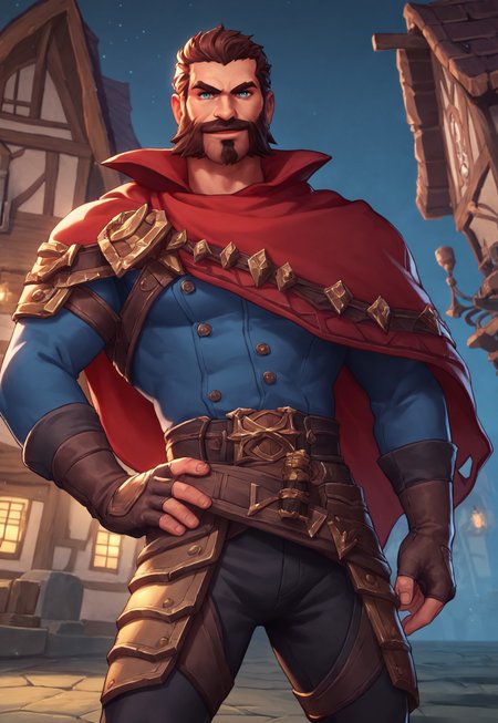 score_9, score_8_up, MalcolmGraves, brown hair, short hair, blue eyes, facial hair, beard, blue long sleeve shirt, red cape, belt, brown fingerless gloves, muscular, pauldron, upper body, looking at viewer, smile, dynamic pose, detailed background, old town, night, dutch angle, leg holsters, black pants, dutch angle, hand on hip,