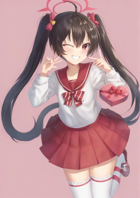 11girl, yazawa nico, 2016, black hair, bow, bow print, box, checkered floor, collarbone, floating hair, frilled thighhighs, frills, grin, hair bow, hair ornament, happy valentine, heart, heart-shaped box, heart hair ornament, heart print, holding, holding bow (ornament), leg up, long hair, looking at viewer, microphone, miniskirt, one eye closed, pleated skirt, print shirt, red eyes, red sailor collar, red skirt, sailor collar, shirt, skirt, smile, solo, standing, standing on one leg, striped, striped bow, striped thighhighs, thighhighs, twintails, very long hair, white shirt,   zPDXL3  <lora:Walking_Nakta:1>