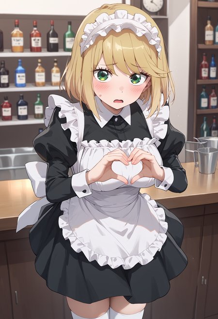 score_9, score_8_up, score_7_up, score_6_up, score_ANIME, desumi, desumi, 1girl, solo, green eyes, blonde hair, maid headdress, apron, bob cut, thighhighs, puffy sleeves, , maid dress, blush, long sleeves, sweatdrop, frills, cowboy shot, closed mouth, swept bangs, standing, looking at viewer,  large breasts, , white thighhighs, <lora:magahara_desumi_pony2:1> heart hands,embarrassed,  open mouth,  ,  bar