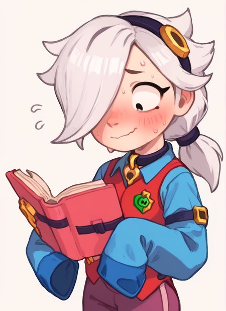 score_9, score_8_up, score_7_up  <lora:bscolette:1>bscolette  , 1 girl , white hair,  , ponytail,  collar , red vest , blue shirt ,  long sleeves,  purple pants,  hair over one eye,  hairband, sleeves past fingers,   <lora:PossumMachine:1>posmach nervous smile,  blush, sweat,  reading, , holding book,
