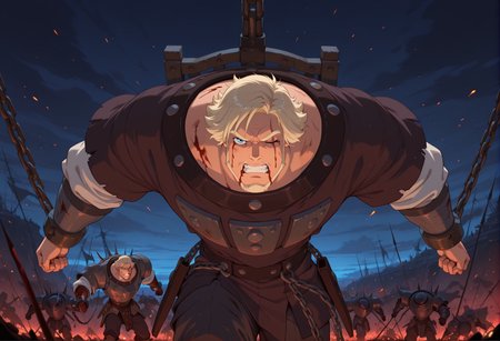 anime artwork concept art masterpiece, best quality, absurdres
 <lora:dobri:1>dobriba, 1boy, male focus, facial hair, solo, scar, beard, blood, blue eyes, blonde hair, one eye closed,  chain, scar across eye, injury, scar on face, teeth, mustache, clenched teeth, short hair, Chained up, the iron chair, darl nature, battlefield, smog, battle, looking a viewer,pants, armor, 
 <lora:noobai_vpred_1_masterpieces_v23:0.7> masterpiece, best quality, very aesthetic <lora:DarkerThanBlackIllustrious:0.7>  night <lora:NOOB_vp1_detailer_by_volnovik_v1:1>( red theme:0.6), (blue theme:0.4) . digital artwork, illustrative, painterly, matte painting, highly detailed . anime style,  vibrant, studio anime, highly detailed