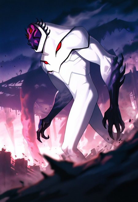 masterpiece, best quality, amazing quality, very aesthetic, absurdres, newest,, detailed background, 
highbreed, extra eyes, solo, alien, white skin, purple face, , monster, red eyes, black hands, , claws, black head spikes,
giant, walking, from side, smoke, foreground blur, depth of field, destroyed city, smoke, from bottom,