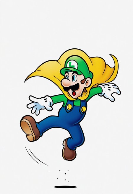 1boy, solo, male focus, 
cowboy shot, 
action pose, jumping, 
luigi, 
yellow cape, 
looking to the side, 
simple background, white background