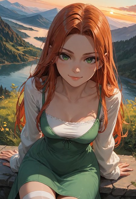 (score_9, score_8_up, score_7_up), zPDXL3, (drawn, wide hips:1.3),1girl, solo, medium breasts, redhead, 
green eyes, long hair, white thighhighs, green dress, from above, sunset, dynamic lighting, sundress, sleeves,
outdoors, mountains, river,  (face focus, close-up:1.5),
looking at viewer,
dutch angle, 
smug,