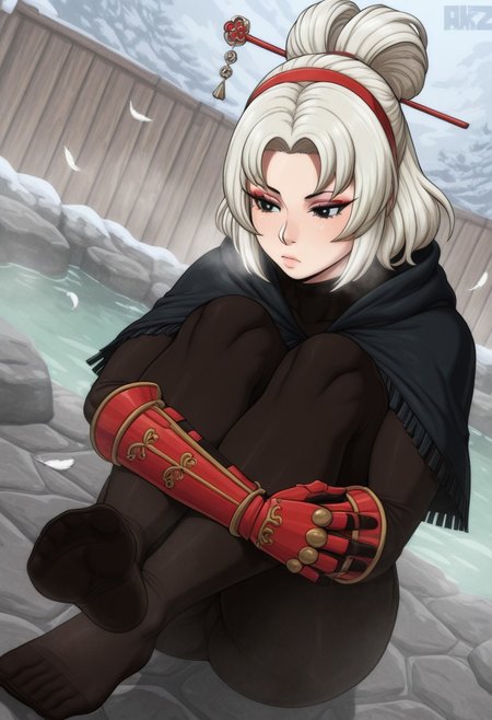 akazai,  outdoors, undershirt, falling feathers, black bodysuit, hair stick, hugging knees, knees to chest, gauntlets, eyeshadow, red gloves, two sides up, black capelet, red hairband, black eyes, 1girl, solo, feet, visible breath, dynamic angle, foreshortening, smell, steam, onsen, water
