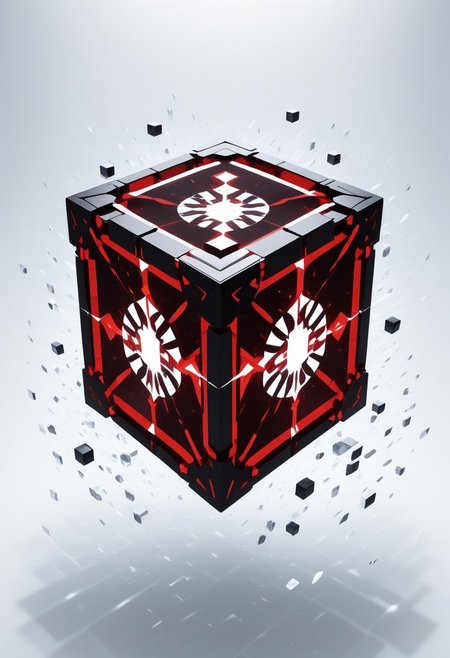 (masterpiece), best quality, Anime, (Floating Cube), White Background, No Humans, Black and Red Theme, (Light Refraction), Symphtia-Style