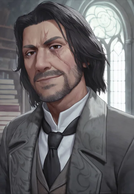 score_9, score_8_up, AesopSharp, relistic, medium hair, facial hair, beard, black hair, brown eyes, necktie, shirt, dark grey coat, brown vest, scar on face, portrait, looking at viewer, smile, detailed background, alchemist lab, books, potions, window, dynamic pose,