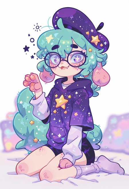 smooth quality, masterpiece, absurdres, very_aesthetic,   colorful, pastel colors, freckles, momosp, galaxy, 
BREAK
((tired, slim_body, sleepy, slight smile, body blush, soft skin, animal ears, kemonomimi, androgynous, otoko no ko, well developed face, purple eyes, big eyes, big pupils, turquoise hair, short hair, low ponytail, large ears, fluffy ears, (floppy ears:1.5), eyeliner, black eyeliner, purple eyeshadow, turquoise fox tail, fangs, dog nose, star decorations, white shirt, shorts, purple hoodie, short over long sleeves, long socks, paws, purple beret, scrawny, focused, calm, warm, cozy, oversized glasses))
BREAK 
solo, tanzanite, diivstyle, best quality, flat color, no lineart, no outline, blurry background, depth of field, thick eyelashes, goth, black ink, looking at viewer
BREAK 
paw_pose, cute, smile, white background