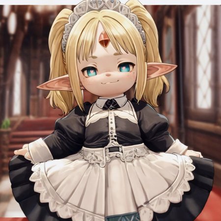 1girl, solo, best quality, masterpiece, lalafell, pointy ears, shortstack. twintails, blonde, maid, blue eyes, cute, light freckles, smug, alp, reset_kalar, symbol-shaped pupils,