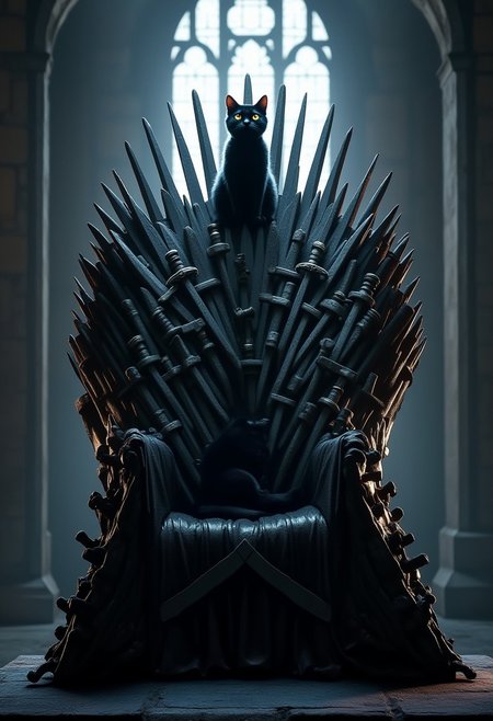 A majestic and dramatic scene featuring the iconic throne from Game of Thrones, crafted from countless swords, with a normal black cat perched casually at the top of the throne. The cat sits comfortably, its unassuming and ordinary demeanor adding a humorous and unexpected contrast to the grandeur of the throne.
The throne's intricate details are sharply defined, with the metallic swords gleaming under a soft, diffused light that casts subtle shadows across the room. The catâs relaxed posture and neutral expression emphasize its everyday nature, creating a playful juxtaposition against the dark and imposing atmosphere of the throne.
The background is dimly lit, with faint rays of light filtering through high arched windows, creating a moody and cinematic ambiance. The art style is highly detailed and realistic, focusing on the textures of the catâs fur and the cold, sharp edges of the throne. The scene conveys a sense of irony and humor while retaining the epic fantasy setting.
 <lora:CPA:0.5> <lora:FLUX-daubrez-DB4RZ-v2:0.3> <lora:ck-shadow-circuit:0.35> in the style of cksc, <lora:Ethereal Brush Anime v2.0:0.3> <lora:It's a LoRA for portraits, BUT! actually specialized in backgrounds. v1.0:0.15> <lora:Dark_and_sentimental:0.8> <lora:dreadmirth-style-art:0.5> dreadmirthart