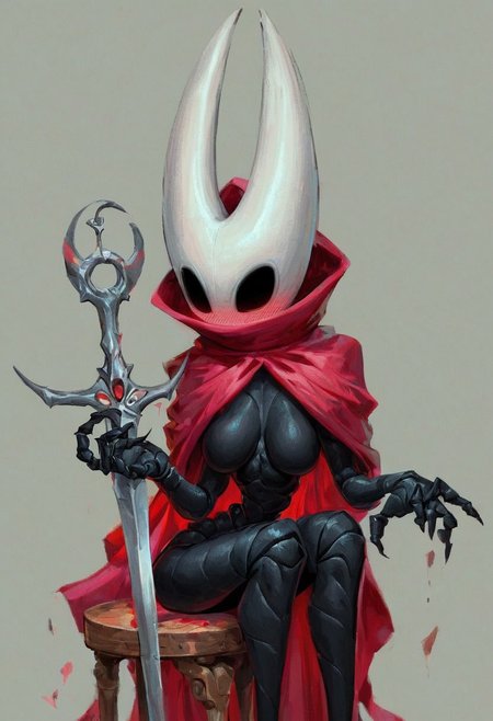 masterpiece, best quality, 1girl, beautiful face, ((masterpiece, best quality, highly detailed,high definition image,score_9, score_8_up, score_7_up),
hornet \(hollow knight\), hollow knight,no humans, 1girl, arthropod girl, black skin, horns, black eyes, red cloak,
white sword weapon,GIT GUD pose,Pale King's progeny,,arachnophobia warning,red glow effect,Chibi form factor,Voidheart symbolism,
dramatic lighting,
,(detailed body,detailed fingers,detailed face,(perfect face,perfect light,cute face))narrow waist, (medium saggy breasts, cleavage), blushing, embarrassed, ashamed, wide hips, anime, front facing, portrait, sitting on stool,