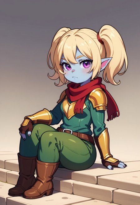 score_9, score_8_up, score_7_up, full height, Portrait, (chibi),EasyNegative, (1girl), (detailed),yordle, shortstack, short girl,purple eyes, blonde hair, twintails, blue skin, colored skin,golden armor, red scarf,green snakeskin shirt, green snakeskin pants, brown boots,sitting,