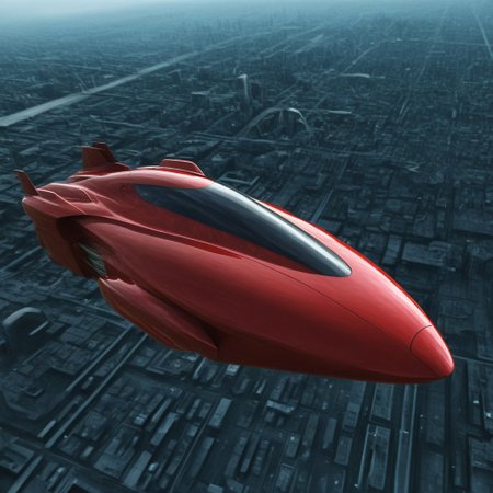 photo of red hover (2010's sports car), nowheels, science fiction, scifi, futuristic, futuristic city,  flying, soaring,