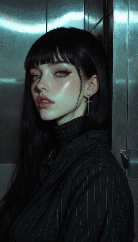 A striking woman leans casually against a sleek metallic wall, her body slightly turned to the right, with her right shoulder resting against the surface and her left arm hanging loosely by her side. Her head tilts slightly to the left, her piercing pale eyes looking out from under her sharp bangs with an icy, indifferent gaze. Her lips are set in a neutral expression, exuding an aura of quiet strength and mystery.
Her jet-black hair falls perfectly straight, framing her face and cascading over her shoulders in smooth layers. She wears a fitted black turtleneck with subtle pinstriping, the fabric clinging to her form and emphasizing her refined silhouette. A delicate silver chain peeks out from beneath the high neckline, catching the dim light. The glint of a sharp, cross-shaped earring adds a touch of gothic elegance to her look.
The background is a dimly lit, minimalistic interior with soft reflections on the metallic surfaces. Cool white lighting streams in from the side, casting a sharp shadow behind her and accentuating the contours of her face and clothing. The atmosphere is stark and moody, heightening the dramatic tension of the scene.
Art Style: Hyperrealistic, medium-close shot focusing on her relaxed yet powerful pose, with detailed textures and dramatic lighting emphasizing her cold, enigmatic presence. <lora:realism_lora_comfy_flux_converted:0.5> <lora:MoriiMee_Gothic_Niji_Style_FLUX:0.85>