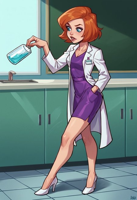 score_9, score_8_up, score_7_up, score_6_up, lilboots-dh BREAK, solo, 1girl, orange hair, blue eyes, short hair, labcoat, purple skirt,high heels  <lora:Artist_Style_-_LilBoots_PDXL:0.8>  <lora:AnnPossiblePony1.0:0.7>