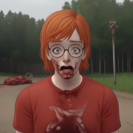 Outdoors,basement,looking at viewer, scared, shocked, sad look,1man,ugly face,skinny, glasses, ginger bob hair,blue eyes, red t-shirt, freckled face,Gorecore,horror,gore,disturbing,death,blood,murder,dismembered,slasher imagery,violence,red