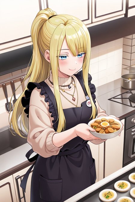 masterpiece, best quality, amazing quality,
 <lora:Neo_IL:1> neo, 1girl, solo, apron, long hair, blonde hair, ponytail, smile, black apron, food, jewelry, bangs, kitchen, necklace, holding, sweater, indoors, blush