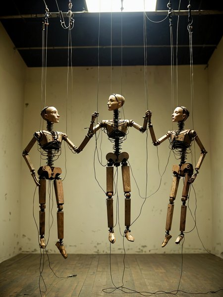 Professional photography. 

Human marionettes, controlled by wires from the ceiling.