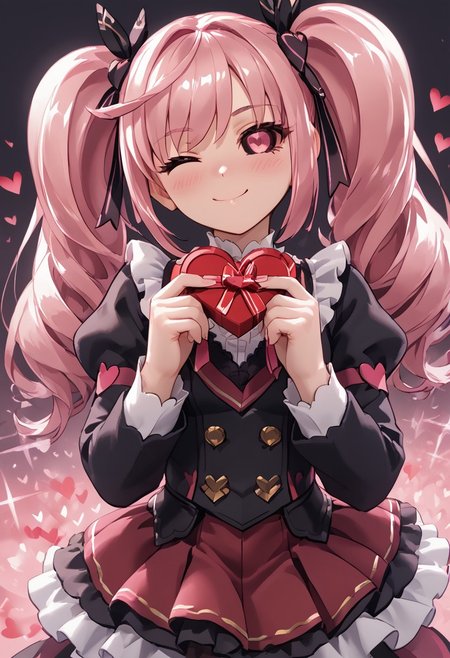 score_4,score_5,score_6,score_7_up,score_8_up,score_9 ((masterpiece,best quality,ultra detailed,highres,HD,4k:1.2)), 
1girl, solo,solo focus,girl focus,face focus,
Isola(Transformed),long hair,twintail,pink hair,pink eyes,black sclera, Eyes without highlights,
pov,from the front, front view, front angle, 
Happy Valentine's Day, Valentine's chocolate, holding wrapped chocolate, 
heart background, 
blush,((wink:1.1)), smile, happy, shy,closed mouth,