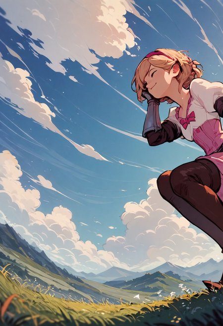 score_9, score_8_up, score_7_up, score_6_up, score_5_up, score_4_up, source_anime, 1girl, solo, djeetadef, pink hairband, dress, puffy sleeves, gauntlets, brown thighhighs, thigh boots, smile, adjusting hair, looking forward, sky, sitting on lawn, landscape, from below