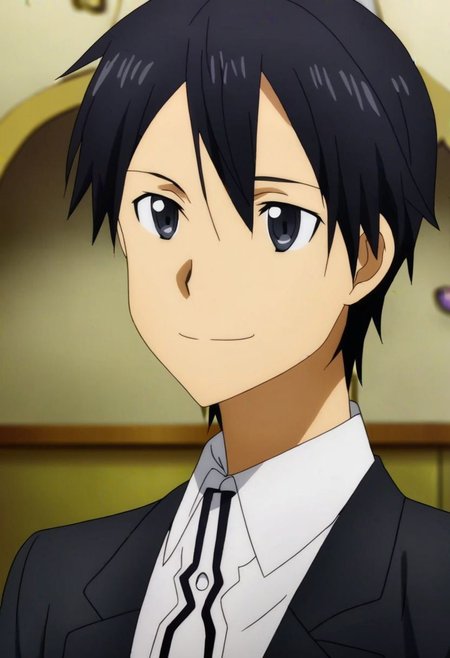 high resolution, professional photography, solo, best quality, 1Boy, Kazuto Kirigaya, Black Hair, Black Eyes, ballroom, luxury hotel, tuxedo, smile, mysterious, confident, rich, OverallDetail
