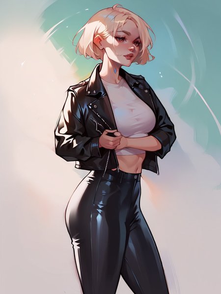 score_9, score_8_up, score_7_up, score_6_up, score_5_up,   <lora:itsyelizXLP:1> itsyeliz,, 1girl, leather jacket, black pants, curvy,