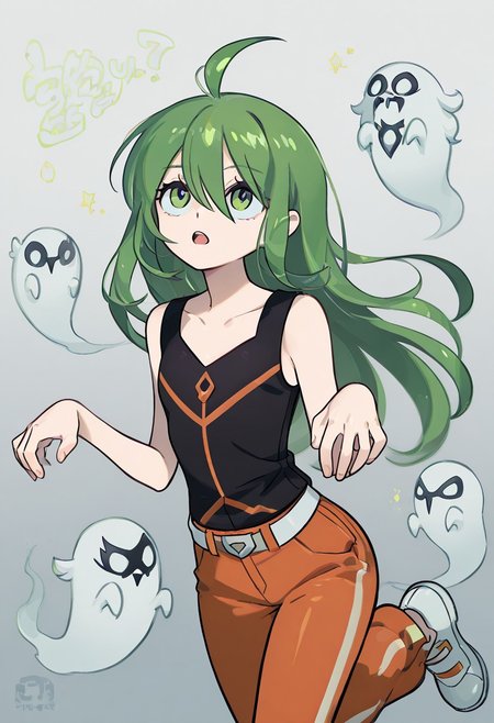 score_9, score_8_up, score_7_up, masterpiece, best quality, amazing quality, best aesthetic, ,absurdres,intricate details, aaron, green eyes, green hair, ahoge, black sleeveless shirt, orange pants, white with orange shoes, belt<lora:EMS-380018-EMS:1.000000><lora:ghost-pose-ponyxl-lora-nochekaiser:1>, ghost pose, ghost,open mouth, looking up,cowboy shot