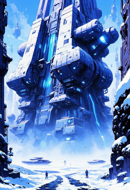 Inkpunk Anime, in the style of ck-sfc, abstract anime image, clean lines, a colossal sci-fi fortress in the snow, surrounded by armoured walls with armoured gun emplacements and rocket launchers, situated at a crossroads in an icy landscape, during a blizzard, snow falling heavily, great lighting, blue and white theme
