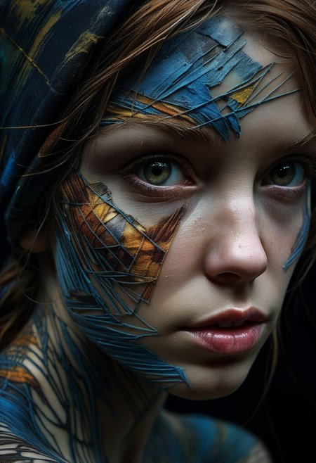 Close-up face, mysterious silhouette of a scottish woman in worn down clothing, goddess, alluring, by Minjae Lee, Carne Griffiths, Emily Kell, Steve McCurry, Geoffroy Thoorens, Aaron Horkey, Jordan Grimmer, Greg Rutkowski, amazing depth, double exposure, surreal, geometric patterns, intricately detailed, bokeh,  perfect balanced, deep fine borders, artistic photorealism , smooth,  great masterwork by Suiras  <lora:add-detail-xl:2>  <lora:Double_Exposure:0.5>