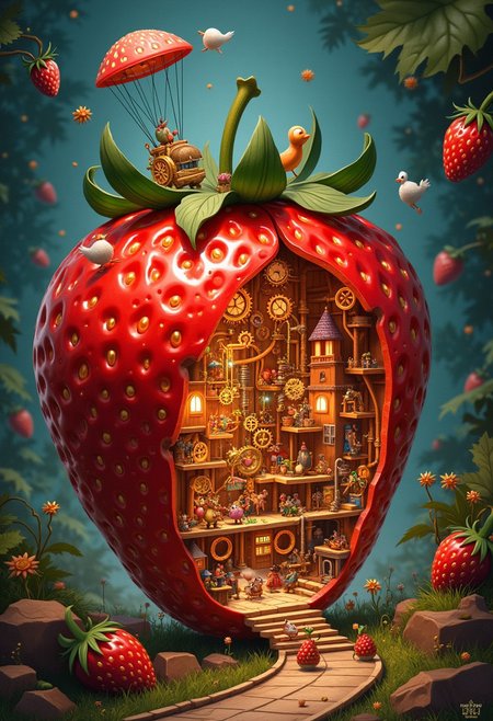 A whimsical, highly detailed digital painting of a miniature clockwork village nestled inside a giant, hollowed-out strawberry. Tiny, anthropomorphic gears and springs scurry about the village streets, powered by the sweet, glowing nectar flowing through tiny, intricate pipes. Birds with clockwork wings carry seeds on parachute-like gears, planting them in a garden made of sugared fruit slices. The strawberry's skin glows with a warm, diffused light, illuminating the scene with a magical, fairytale-like quality. Style inspired by the intricate illustrations of Shaun Tan and the vibrant colors of Lisa Frank,aidmaimageupgrader,Midjourney_Whisper,aidmaMJ6.1,Moebiusstyle