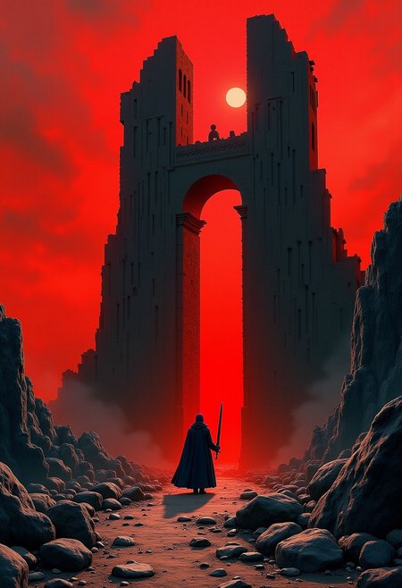 A shattered tower rises against the sky. He draws his sword, and steps into the gape that once served as doorway. Within is silence, the odor of dust and damp stone. Dark,mysterious,haunting,dramatic,ornate,detailed