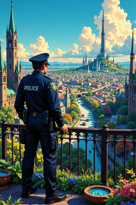 A police force watching over the city beautiful  landscape, day, woman, very intricate, very detailed, sharp, bright, colorful, <lora:Hand v2:0.5> <lora:Anti-Blur:1><lora:Insane Detail Slider:0.25>  <lora:flux.1_lora_flyway_Epic-detail_v2:0.3> <lora:fluxenhancer:0.25>  <lora:ROWER:0.6>