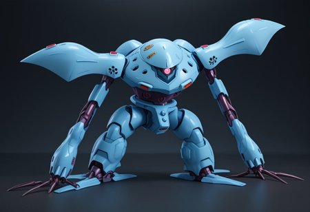 score_9, score_8_up, score_7_up, source_anime, front view, BREAK,  ( hygogg, blue_hygogg_armor, pink monoeye, from side, looking at viewer, long arms, very long arms, long claws) 1mech, blue mech, wide mech, large shoulders, large shoulder armor, mech focus, solo, BREAK, two arms, sewers,