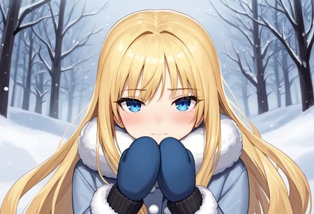 boa, digital illustration, charact portrait, 
lblonde hair, very long hair, blushing, face focus, looking at viewer, ushanka, mittens, winter coat