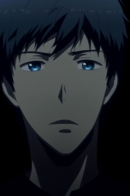 high resolution, solo, best quality, 1Boy, Arata Kaizaki, Portrait, Black Hair, Blue Eyes, cool, Mysterious black background, Movie lighting, a sense of atmosphere, OverallDetail