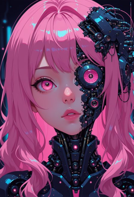 <lora:ck-nc-cyberpunk-IL-000011:1>,  masterpiece, best quality, good quality, very aesthetic, absurdres, newest, 8K, depth of field, focused subject, 1girl, stunning close-up portrait, long hair, wavy hair cascading around her face. Subtle mechanical features are integrated into her face and neck, blending seamlessly with her natural beauty. The artwork is rendered in a chiaroscuro style, with extreme contrast between light and shadow, creating a dramatic, moody effect. The background is completely black, with neon pink light illuminating select areas of her face, hair, and mechanical elements, adding a futuristic glow. The contrast of neon pink and black enhances the surreal atmosphere, blending organic beauty with mechanical details for a striking cybernetic aesthetic, in the style of cknc
<lora:MoriiMee_Gothic_Niji_Style_Illustrious_r1:0.3>