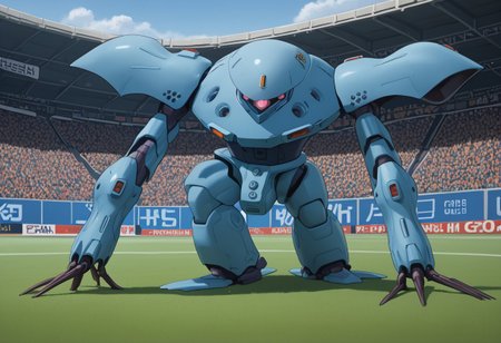 score_9, score_8_up, score_7_up, source_anime, front view, BREAK,  ( hygogg, blue_hygogg_armor, pink monoeye, from side, looking at viewer, long arms, very long arms, long claws) 1mech, blue mech, wide mech, large shoulders, large shoulder armor, mech focus, standing, solo, BREAK, two arms, fence, soccer field, soccer goal, soccer balls,