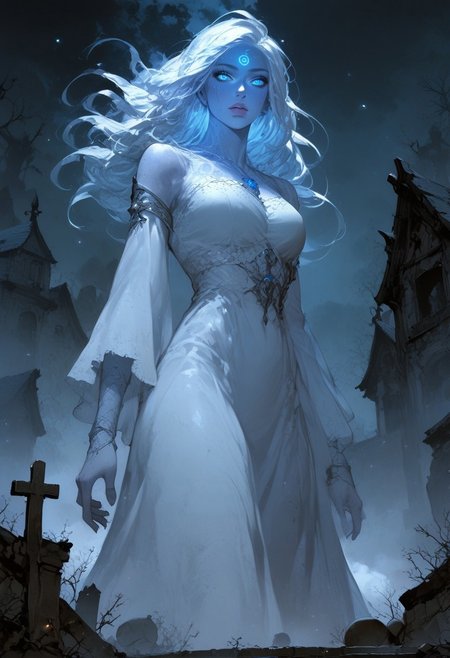 BREAK score_9, score_8_up, score_7_up, night, graveyard, ominous, horror, fog, mysterious,  ghost woman, floating, beautiful long white dress, pale skin, long hair, blue eyes, glowing eyes, low angle, cold expression

(masterpiece, best quality, ultra detailed, intricate details:1.2), dynamic lighting